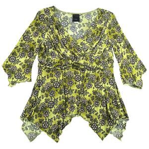 J.t.b. Green Floral Lace Print Wrap Top Handkerchief Hem Boho Y2K Stretch - L